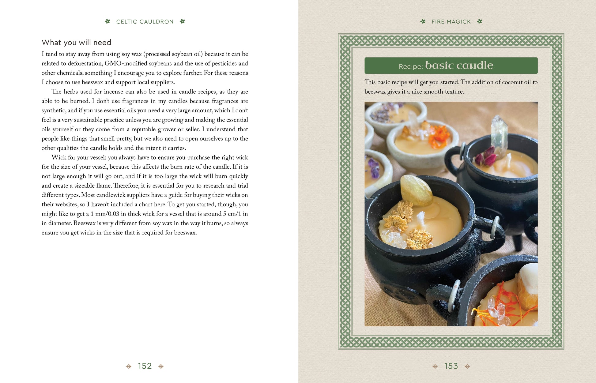 Page from a book showing a recipe for a basic candle with images of candle-making equipment.