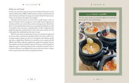 Page from a book showing a recipe for a basic candle with images of candle-making equipment.