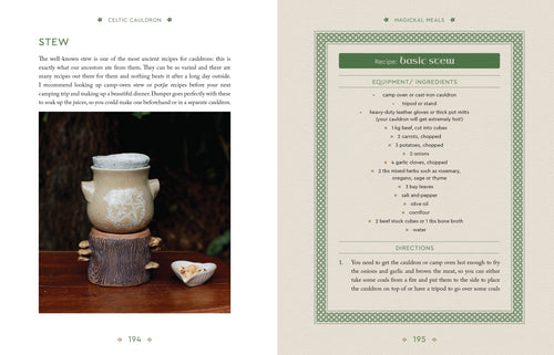 Page from a book showing a recipe for stew with a ceramic pot on a wooden surface.