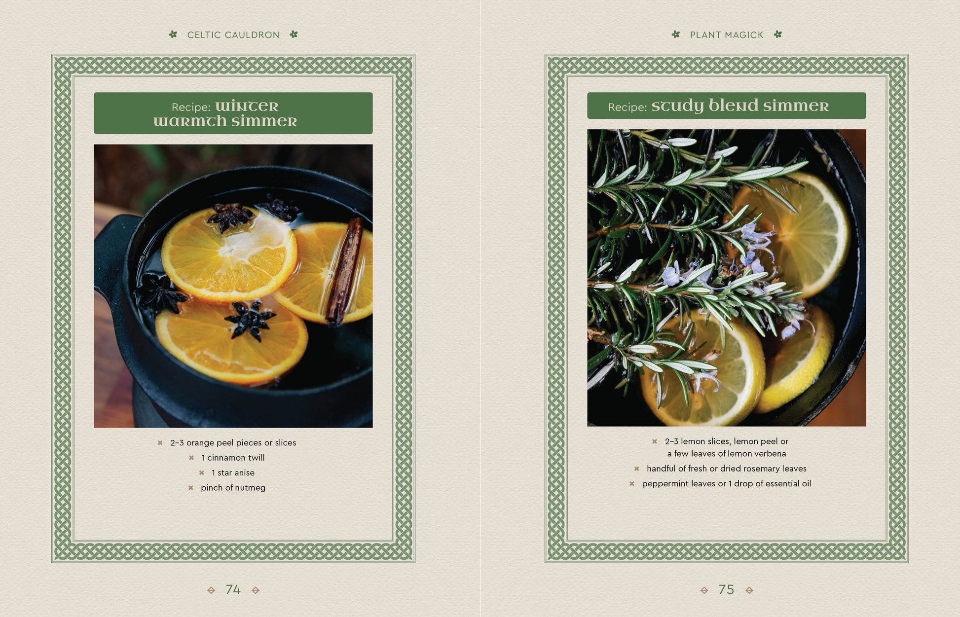 Two recipes for simmering potpourri with oranges, cinnamon, and herbs on a beige background.