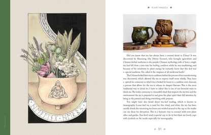 Book open to a page with illustrations of plants and a pot, and text on plant magic.