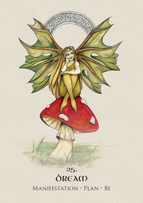 Illustration of a fairy on a mushroom with Celtic-style arch and text 'Dream Manifestation Plan Be' on a beige background.