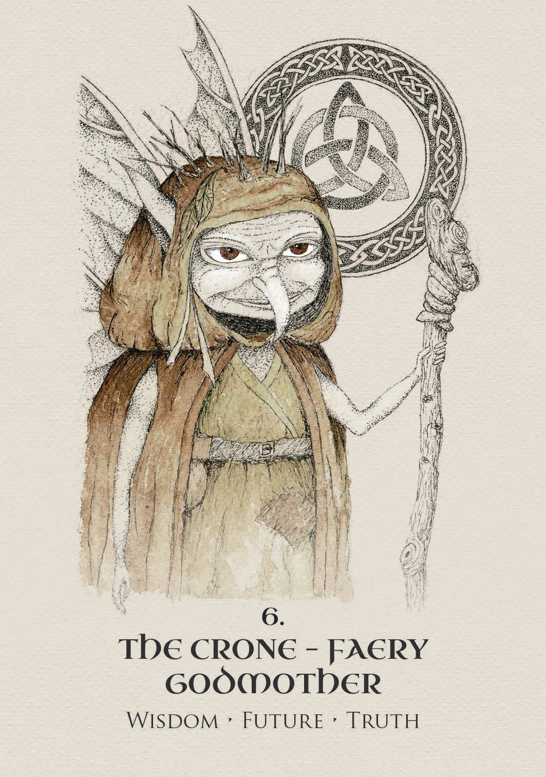 Illustration of a crone with a staff and headpiece, labeled 'The Crone - Faery Goodmother' on a beige background.