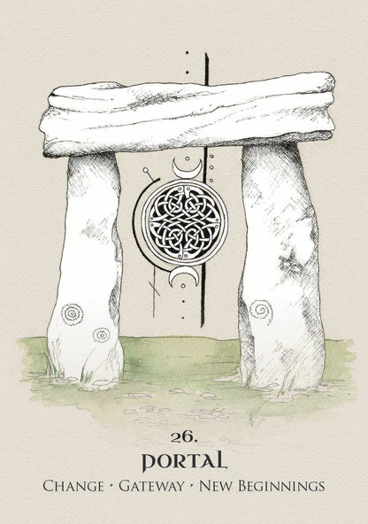 Stone portal with Celtic knot design, labeled 'Portal' with themes of change, gateway, and new beginnings.