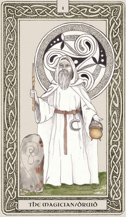 Illustration of a figure holding a staff and a basket, with decorative border and text at the bottom.