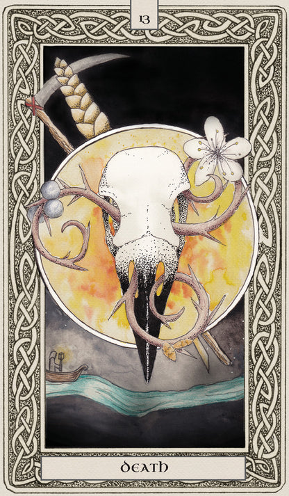 Card with a deer skull, flowers, and Celtic knot border labeled 'Death'.