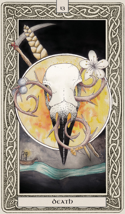 Card with a deer skull, flowers, and Celtic knot border labeled 'Death'.