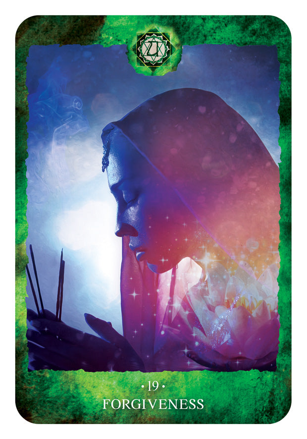 Card titled 'Forgiveness' with a hooded figure and green border