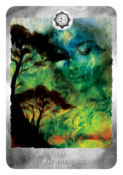 Colorful card with a nature-themed design and text 'I AM PRESENCE' on a gray border.