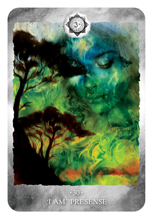 Colorful card with a nature-themed design and text 'I AM PRESENCE' on a gray border.