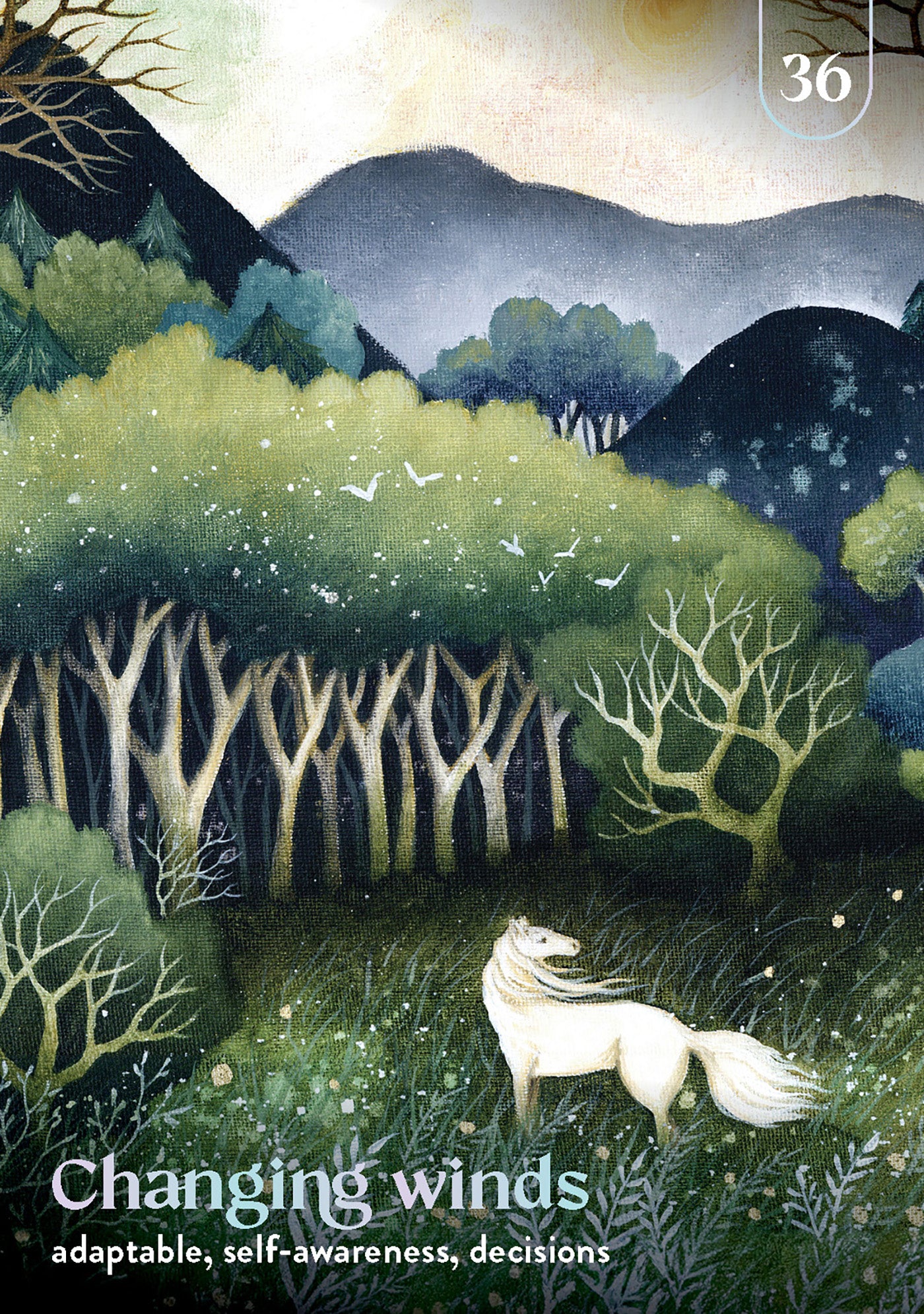 Illustration of a white horse in a forest with 'Changing Winds' text