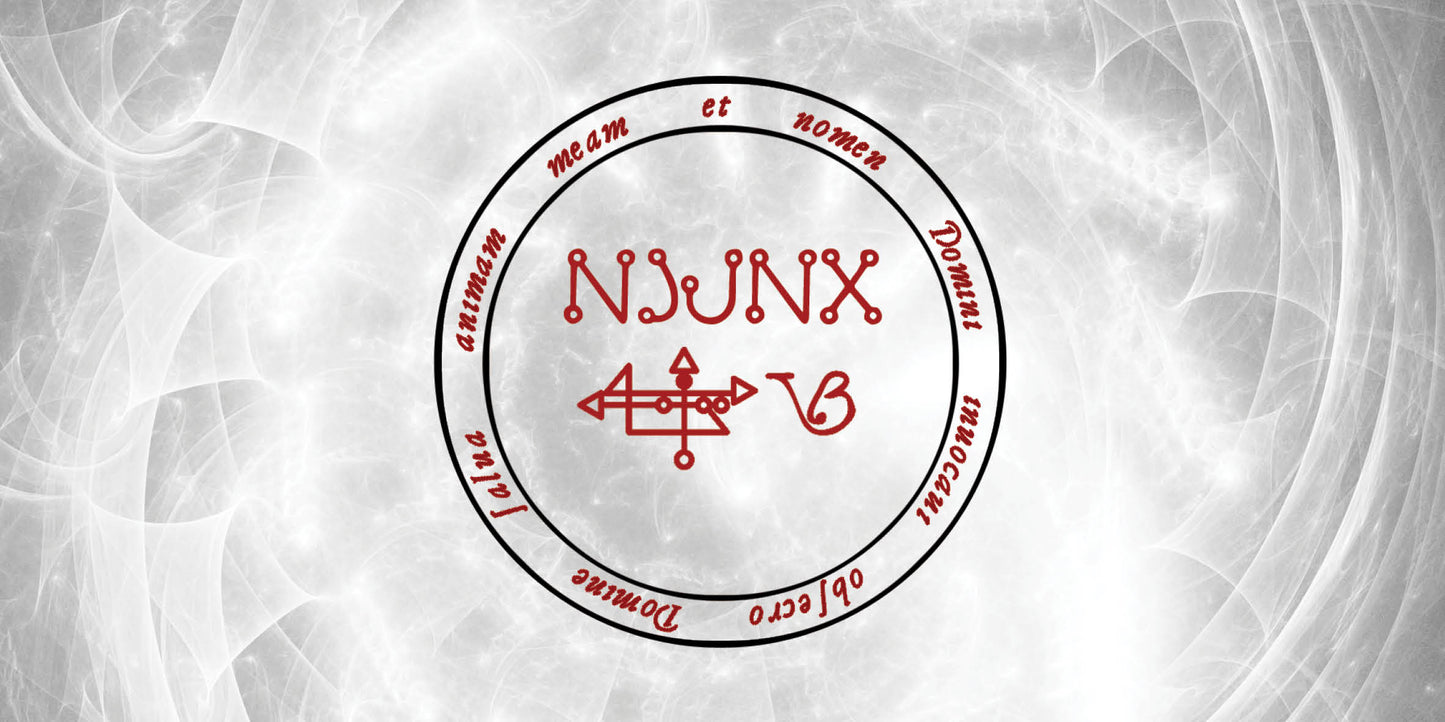 Circular logo with text and symbols on a gray background