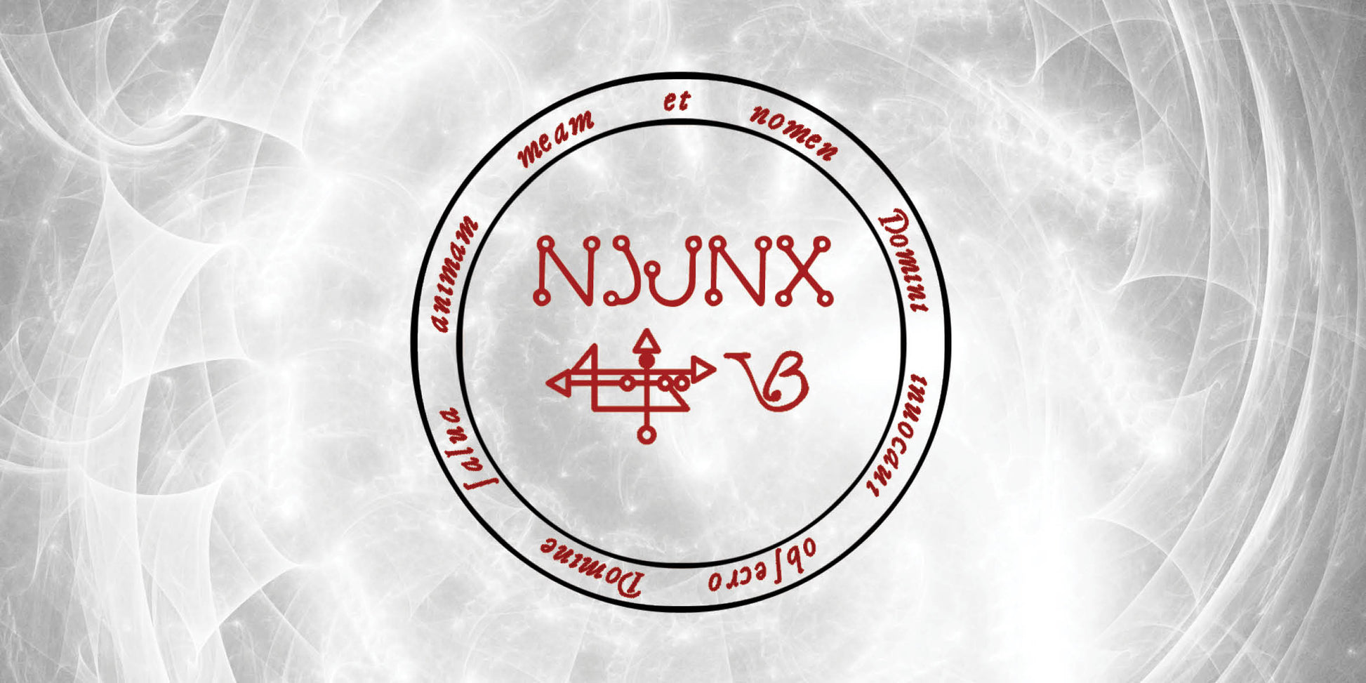 Circular logo with text and symbols on a gray background