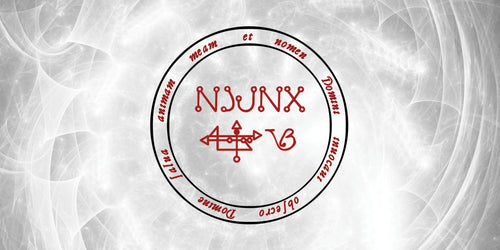 Circular logo with text and symbols on a gray background