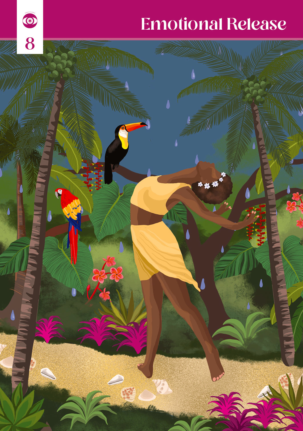 Illustration of a couple embracing under a toucan in a tropical setting with 'Emotional Release' text at the top.