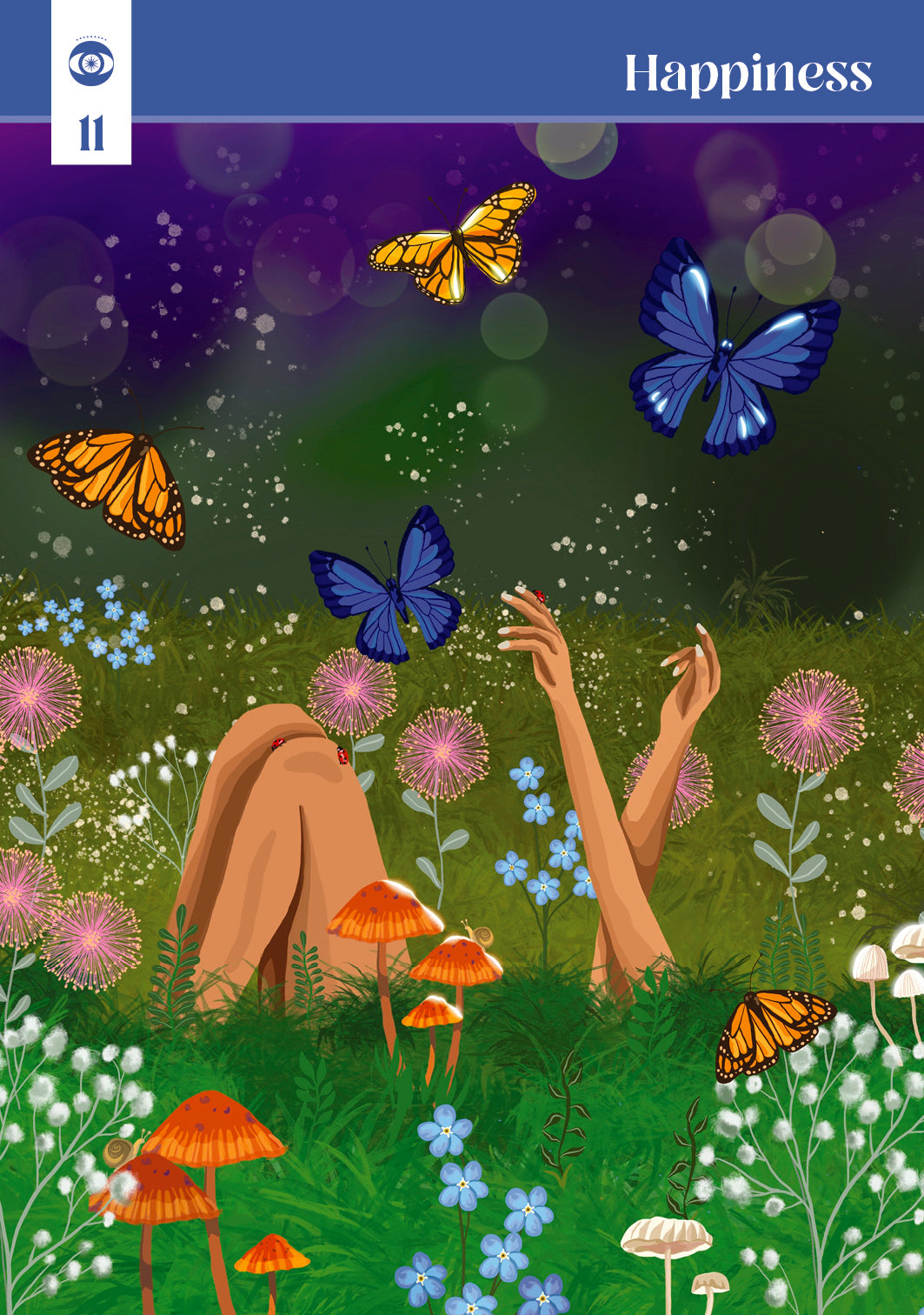 Person lying on grass with butterflies and flowers, symbolizing happiness.