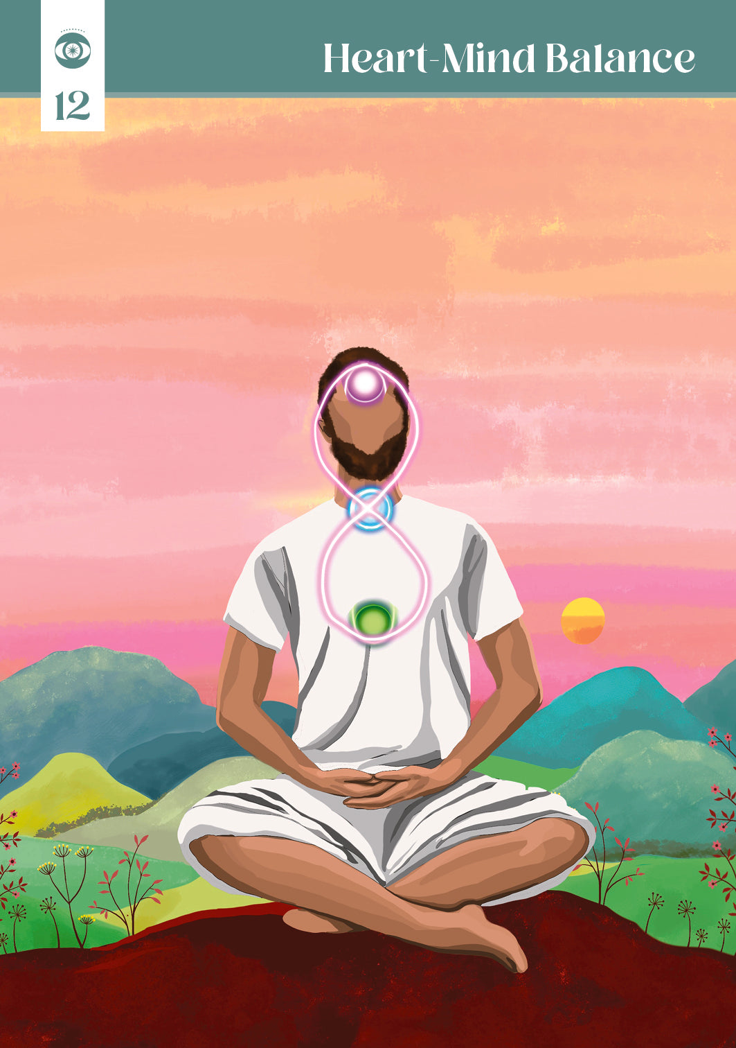 Person meditating with a scenic background and 'Heart Mind Balance' text