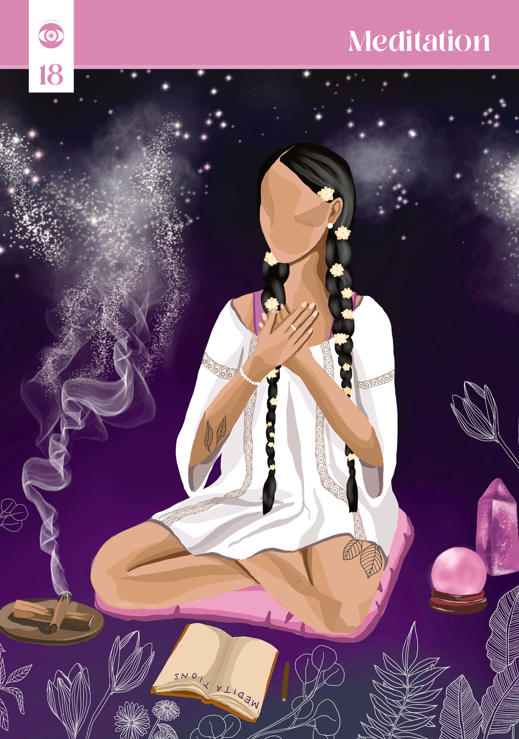 Illustration of a person meditating with a purple background and 'Meditation' text.