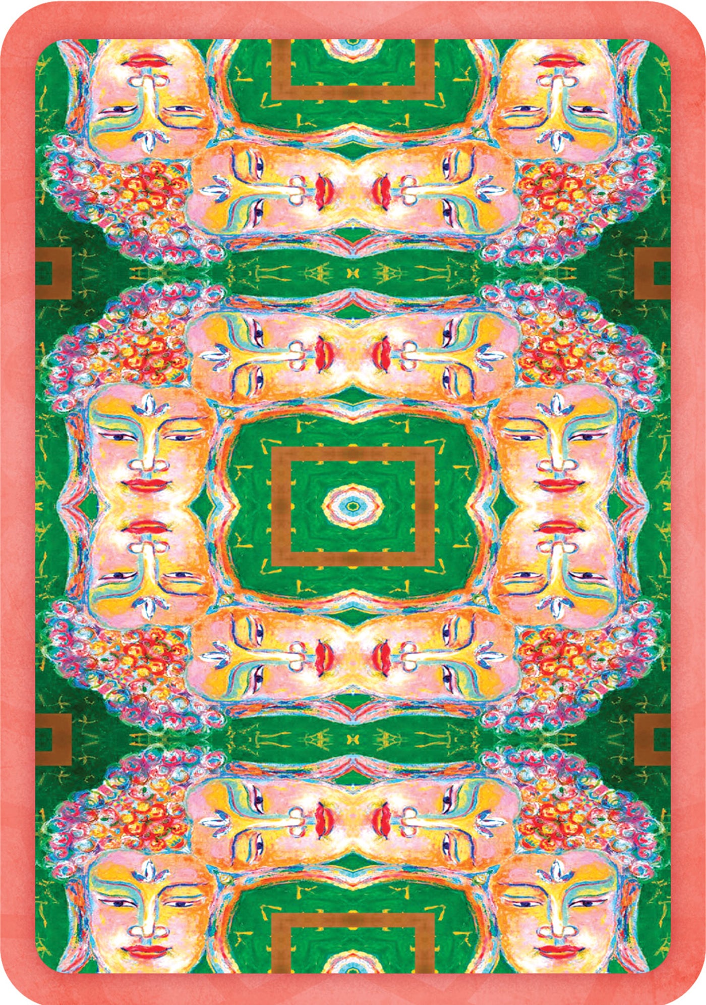 Colorful abstract design with faces and geometric patterns on a green background