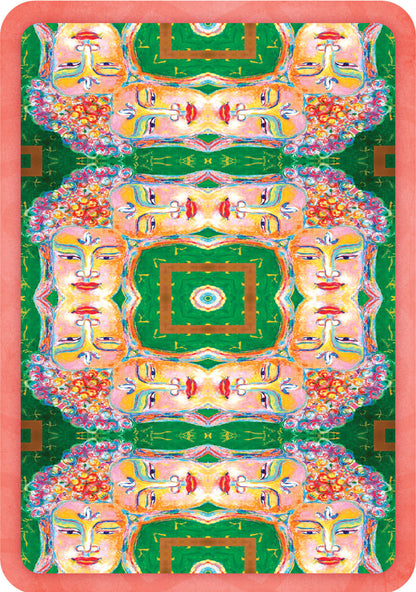 Colorful abstract design with faces and geometric patterns on a green background