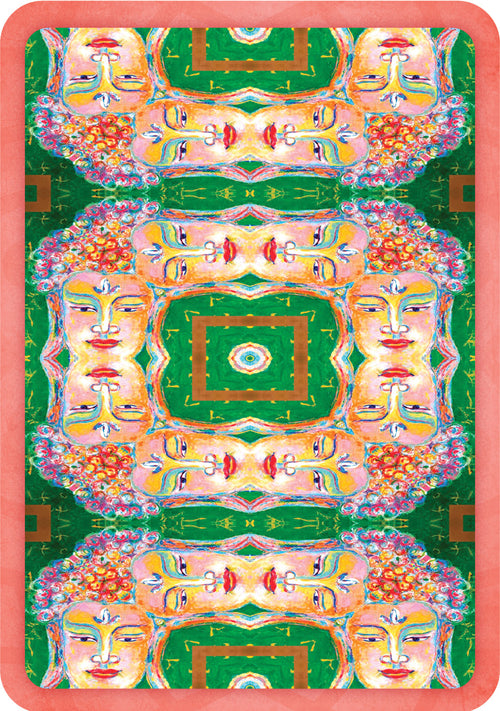 Colorful abstract design with faces and geometric patterns on a green background