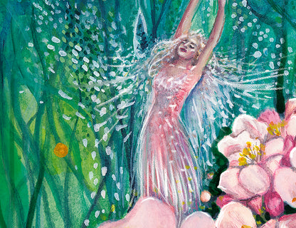 Colorful illustration of a fairy in a lush green forest with flowers.