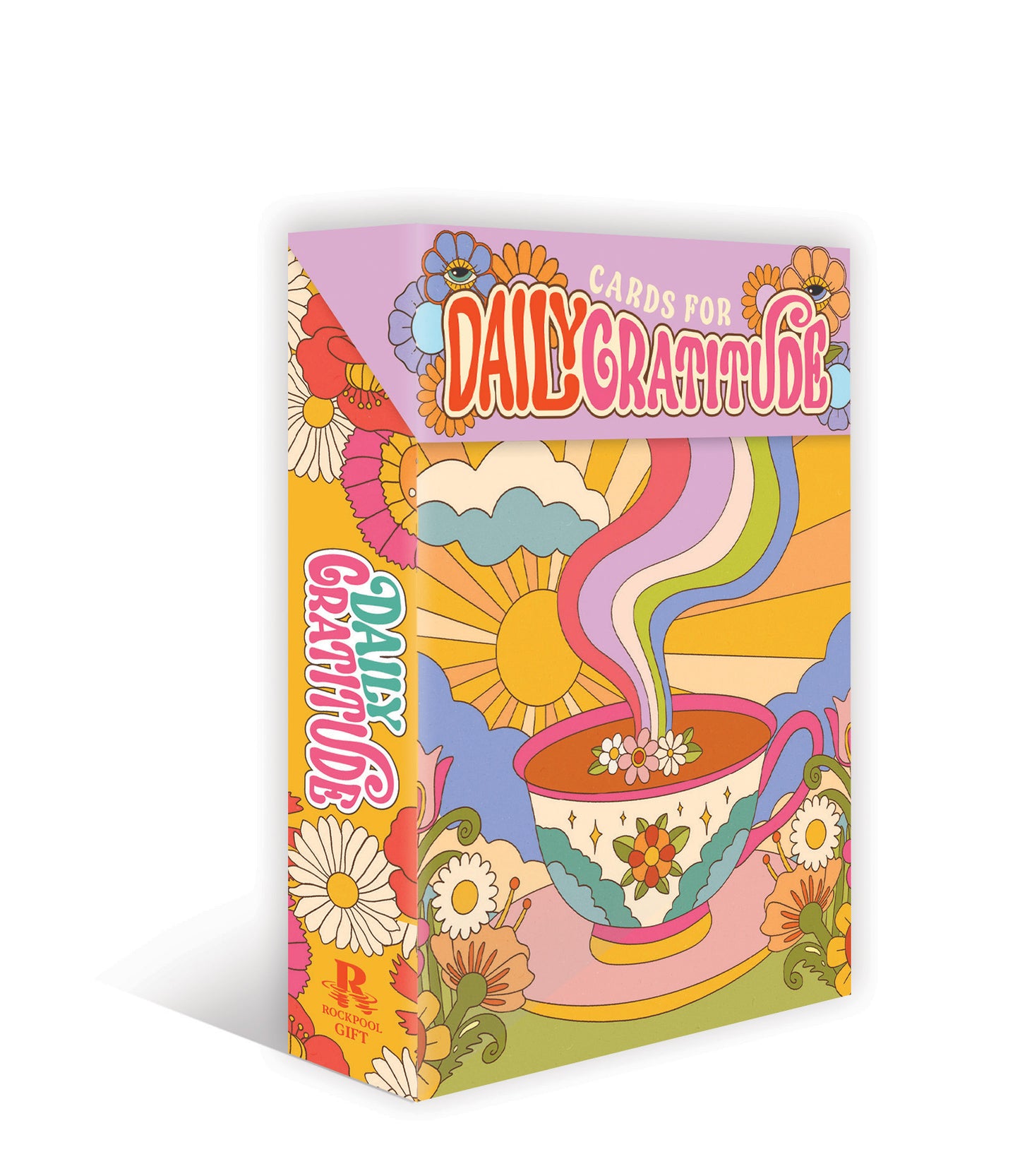 Colorful packaging for 'Daily Gratitude' cards with a coffee cup and floral design on a white background.