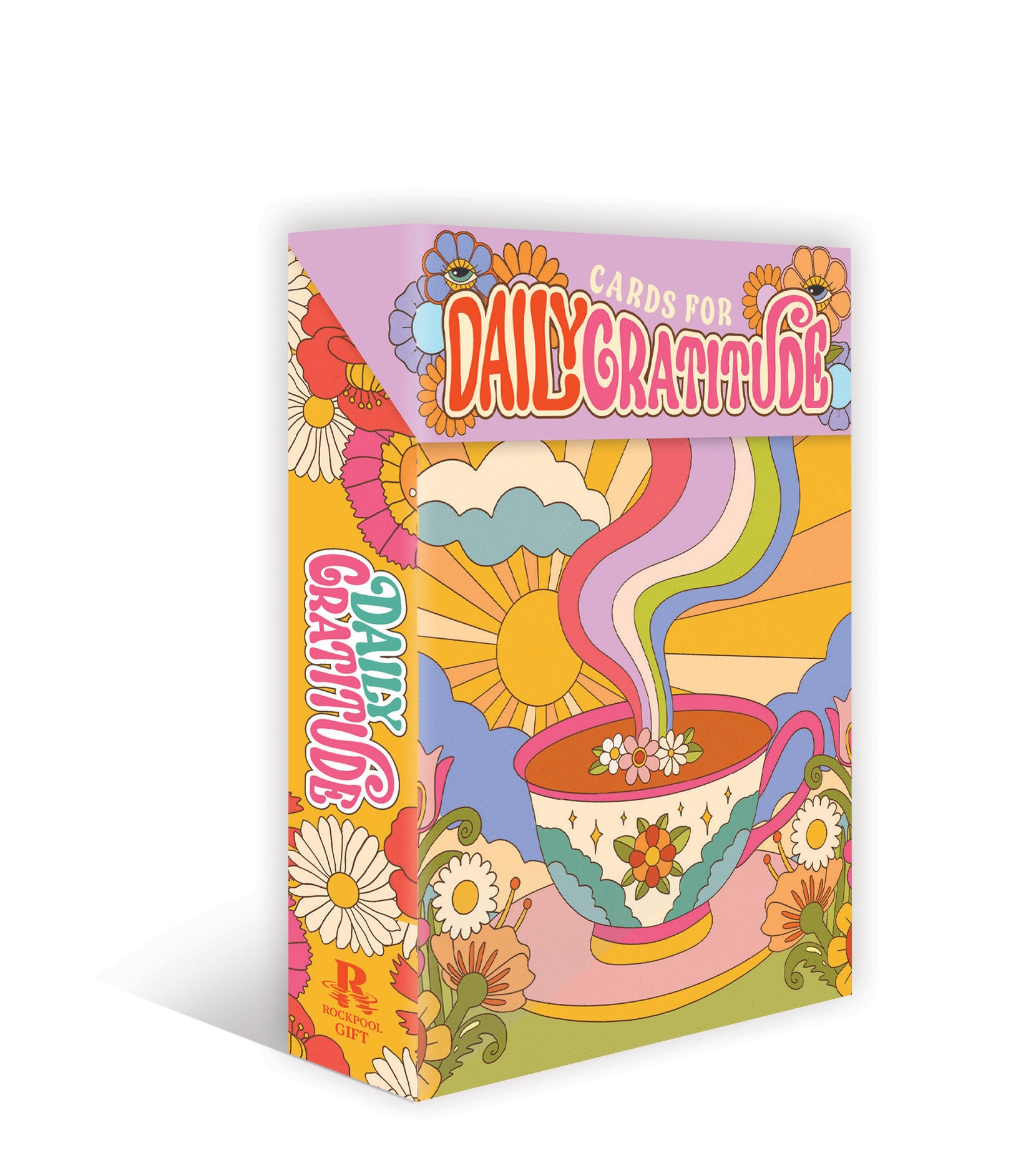 Colorful packaging for 'Daily Gratitude' cards with a coffee cup and floral design on a white background.