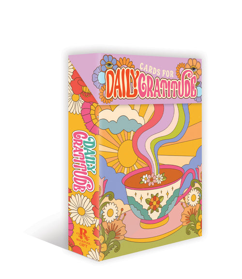 Colorful packaging for 'Daily Gratitude' cards with a coffee cup and floral design on a white background.