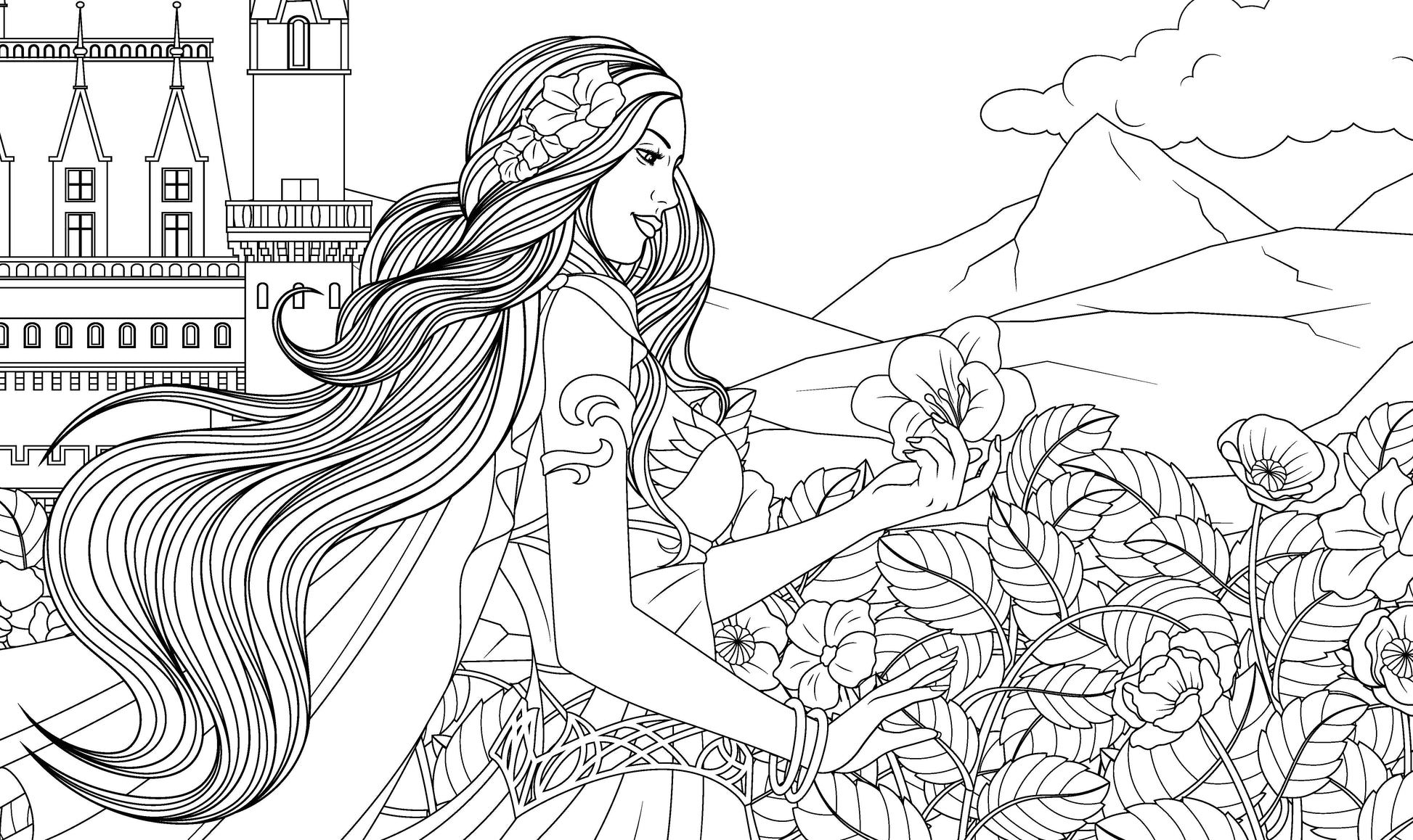Coloring book page with a princess in a garden and castle in the background