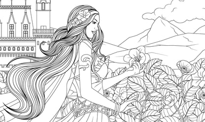 Coloring book page with a princess in a garden and castle in the background