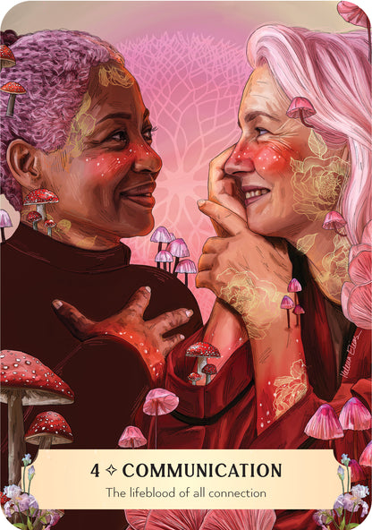 Two people with colorful hair and makeup, surrounded by mushrooms, with a card labeled '4 Communication' at the bottom.