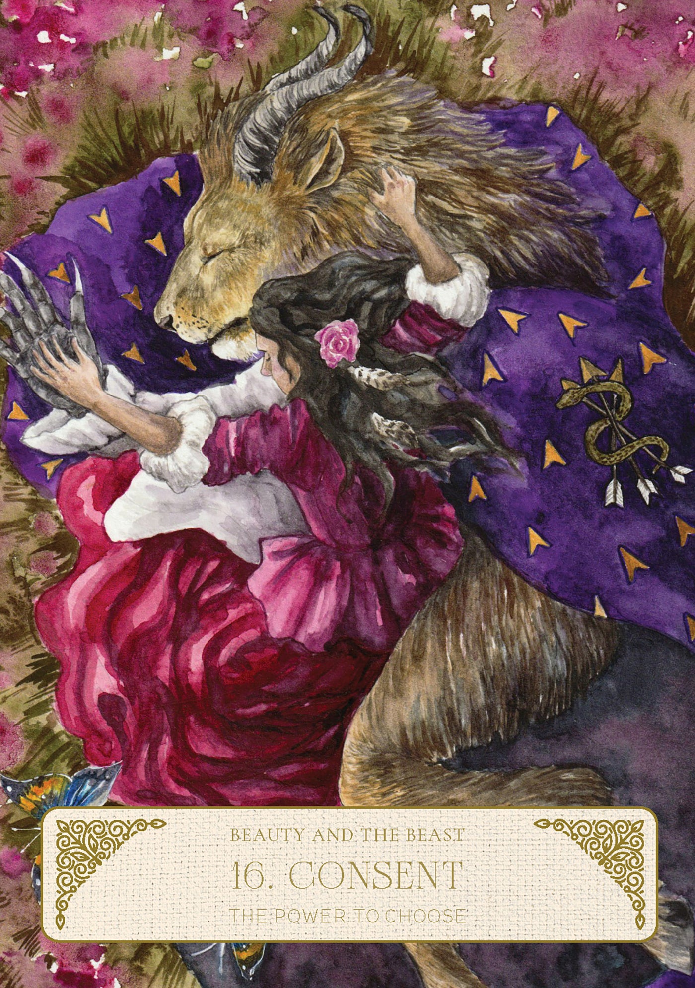Illustration of a woman in a purple dress with a goat, surrounded by flowers, from a tarot card titled 'Beauty and the Beast'.