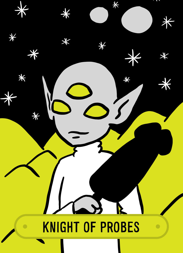 Illustration of a character labeled 'Knight of Probes' against a starry night sky.