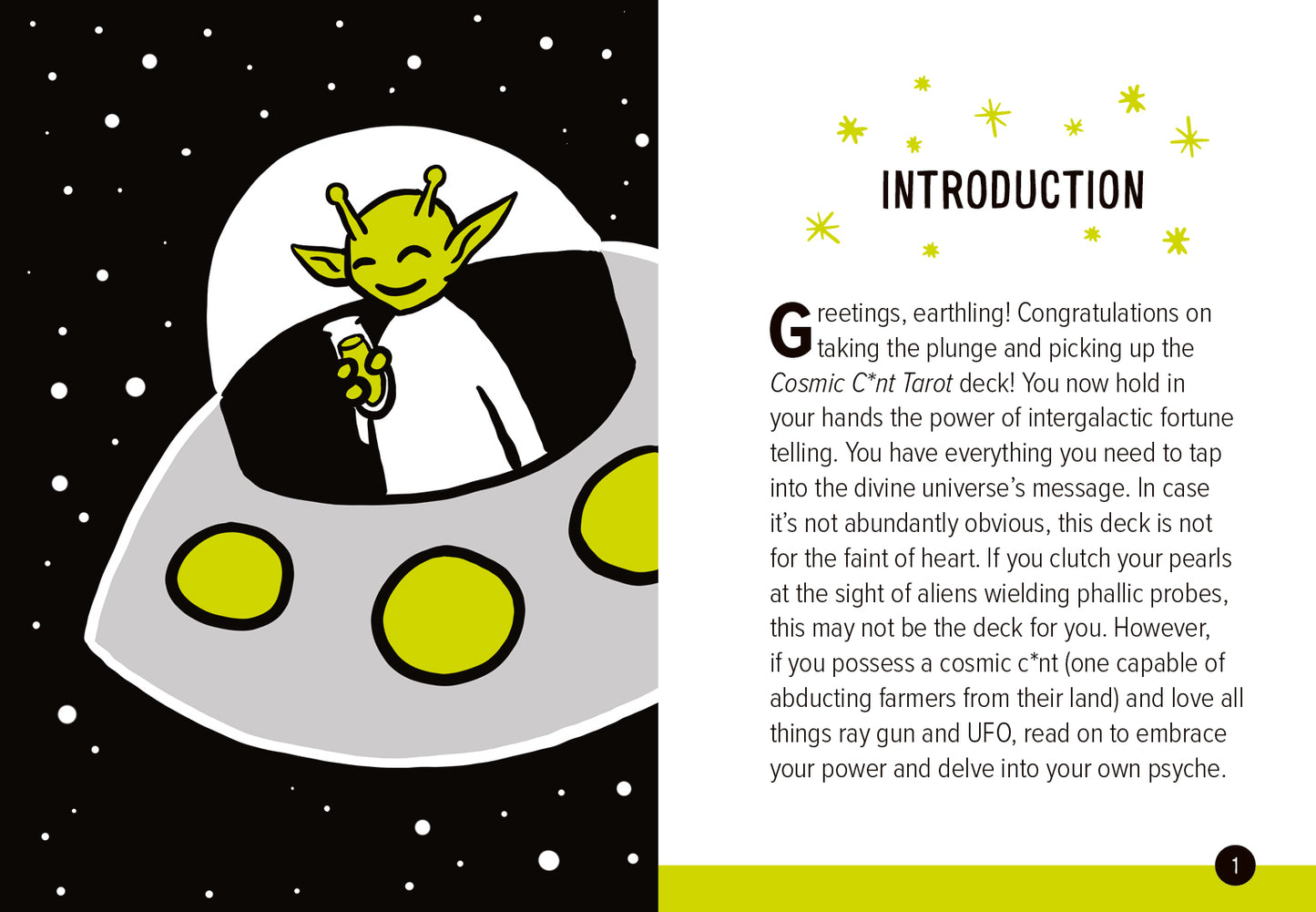 Illustration of an alien in a UFO with text on a cosmic background