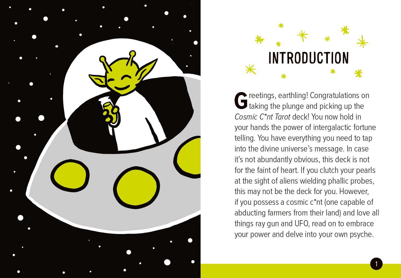 Illustration of an alien in a UFO with text on a cosmic background