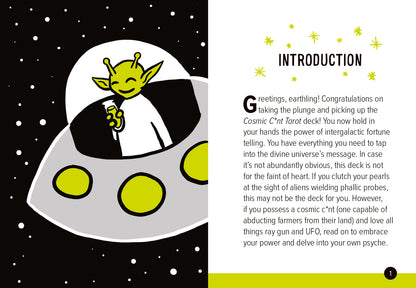 Illustration of an alien in a UFO with text on a cosmic background