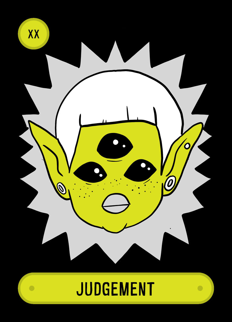Card with a stylized face with three eyes and yellow accents, labeled 'Judgment'.