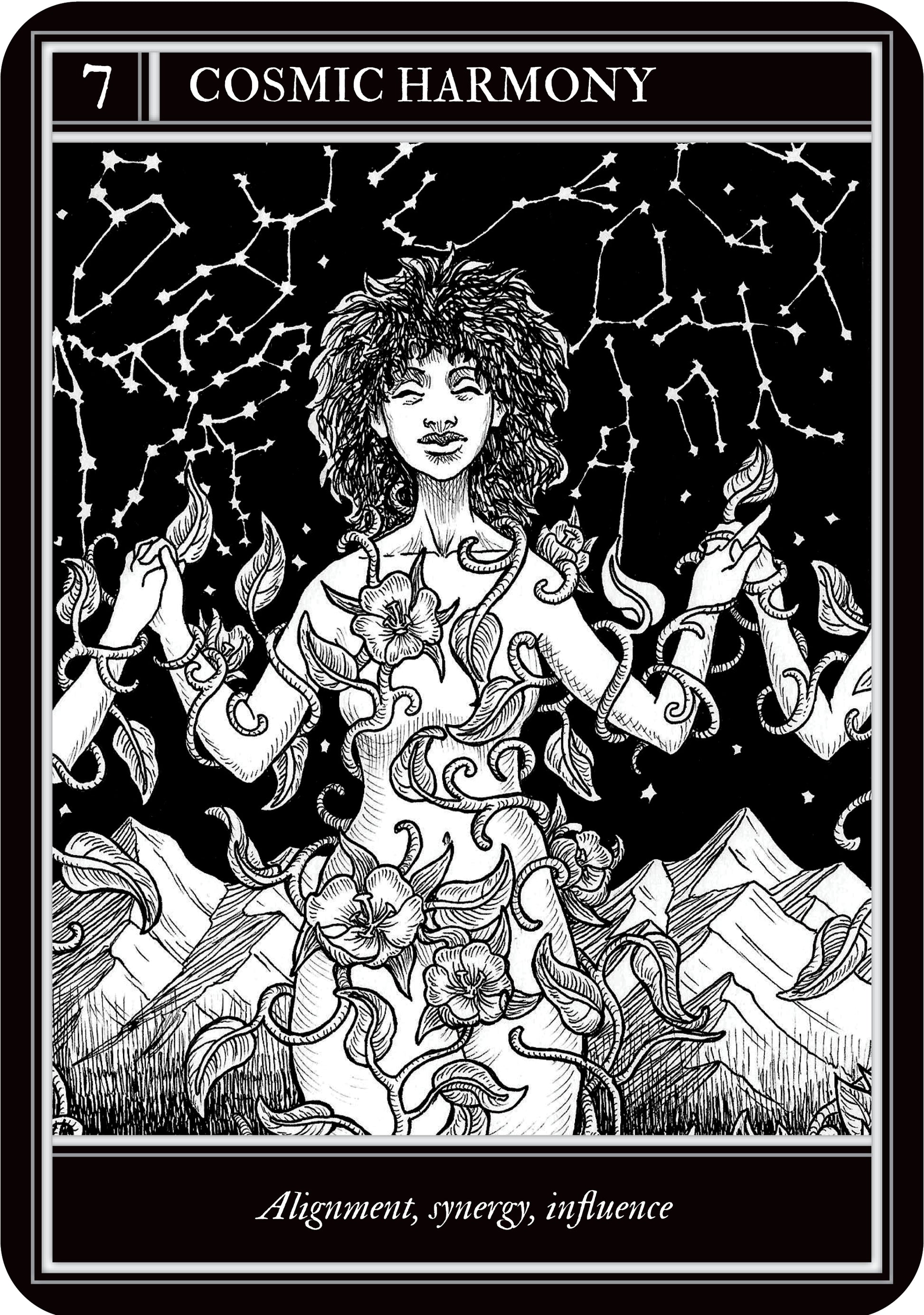 Tarot card titled 'Cosmic Harmony' with a stylized illustration of a person surrounded by constellations.