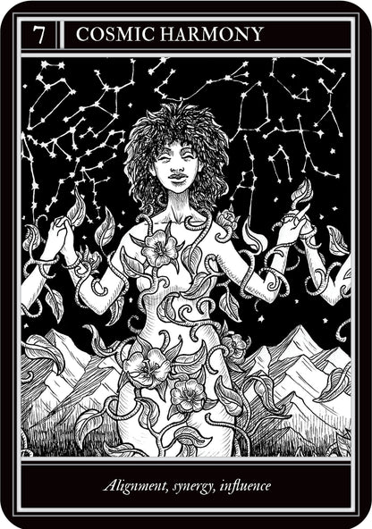 Tarot card titled 'Cosmic Harmony' with a stylized illustration of a person surrounded by constellations.