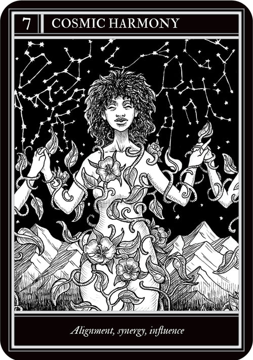 Tarot card titled 'Cosmic Harmony' with a stylized illustration of a person surrounded by constellations.