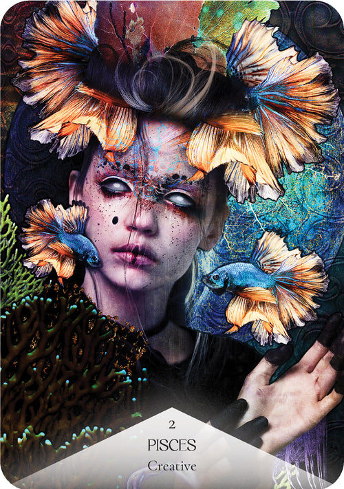 Artistic depiction of a person with fish and floral elements, labeled 'Pisces' as a creative sign.