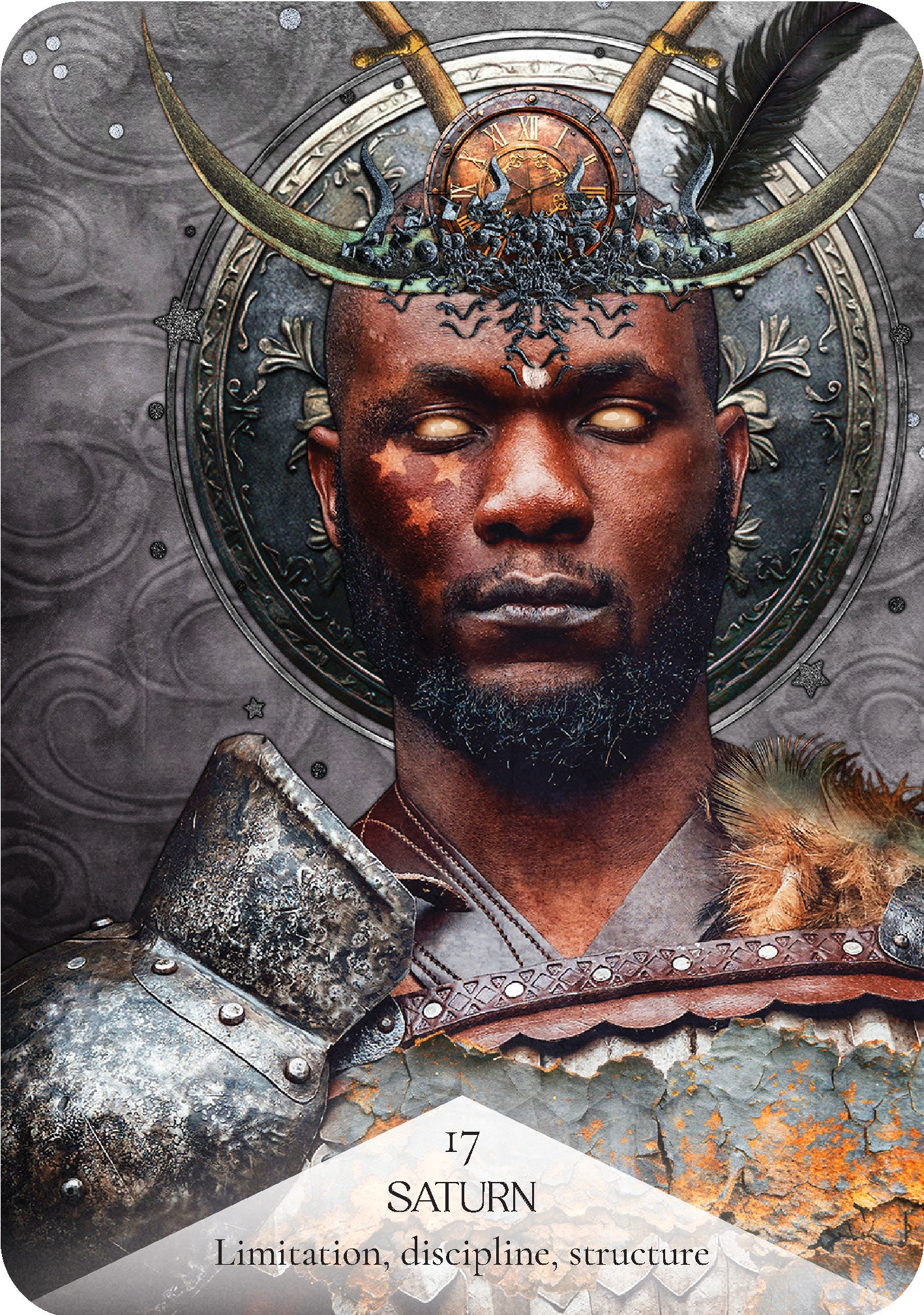 Card featuring a warrior with a helmet and armor, labeled 'Saturn' with descriptors.