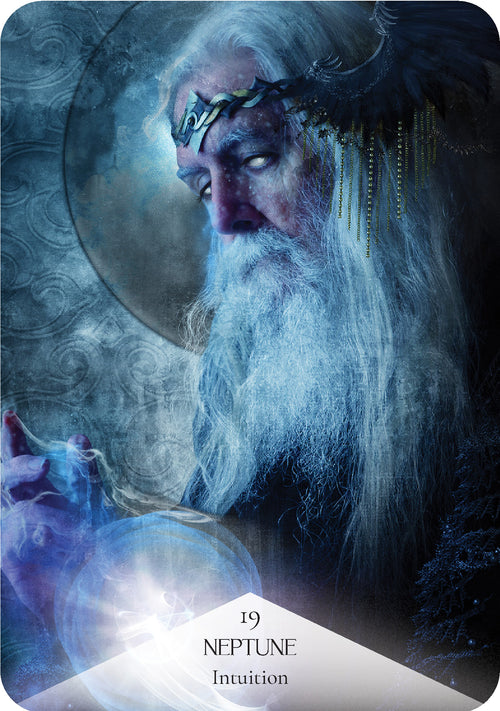 Card featuring a figure with long white hair and a beard, surrounded by mystical elements and a moon in the background.