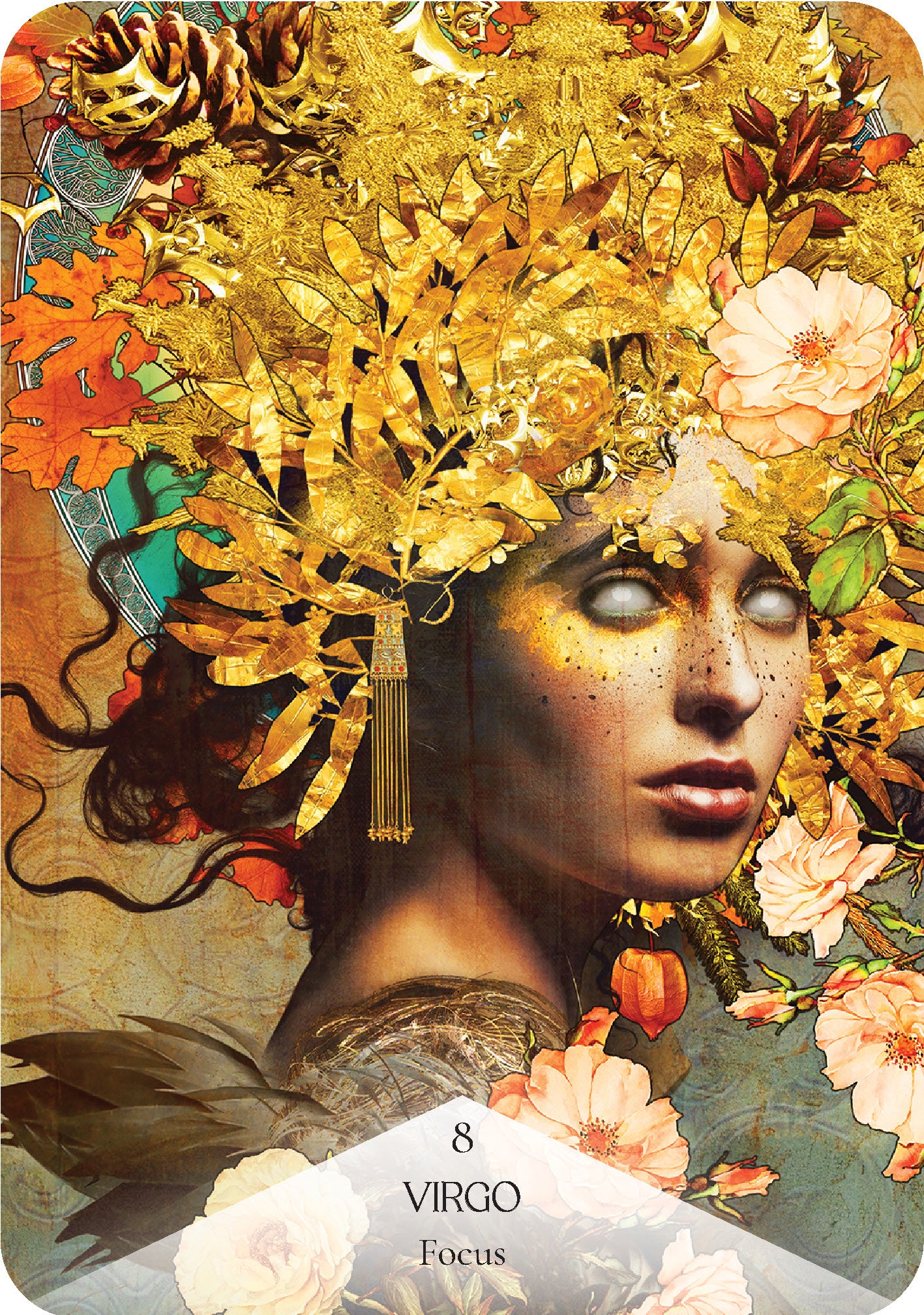 Artistic depiction of a woman with floral and leafy headpiece, tarot card style.