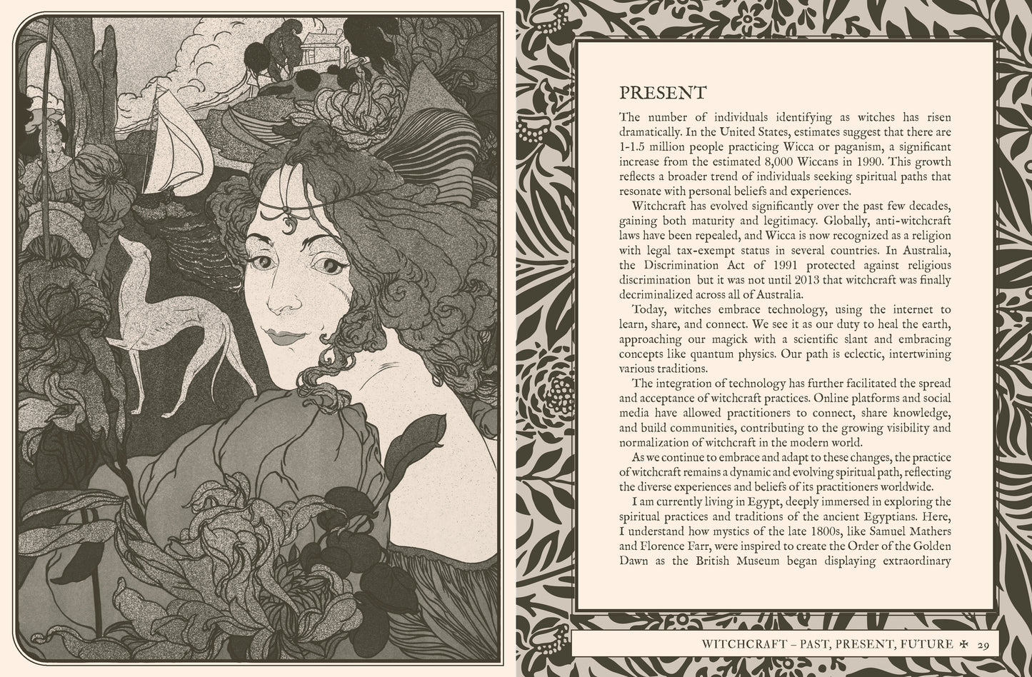 Illustration of a woman with a hat and deer, surrounded by nature elements, with text on witchcraft.