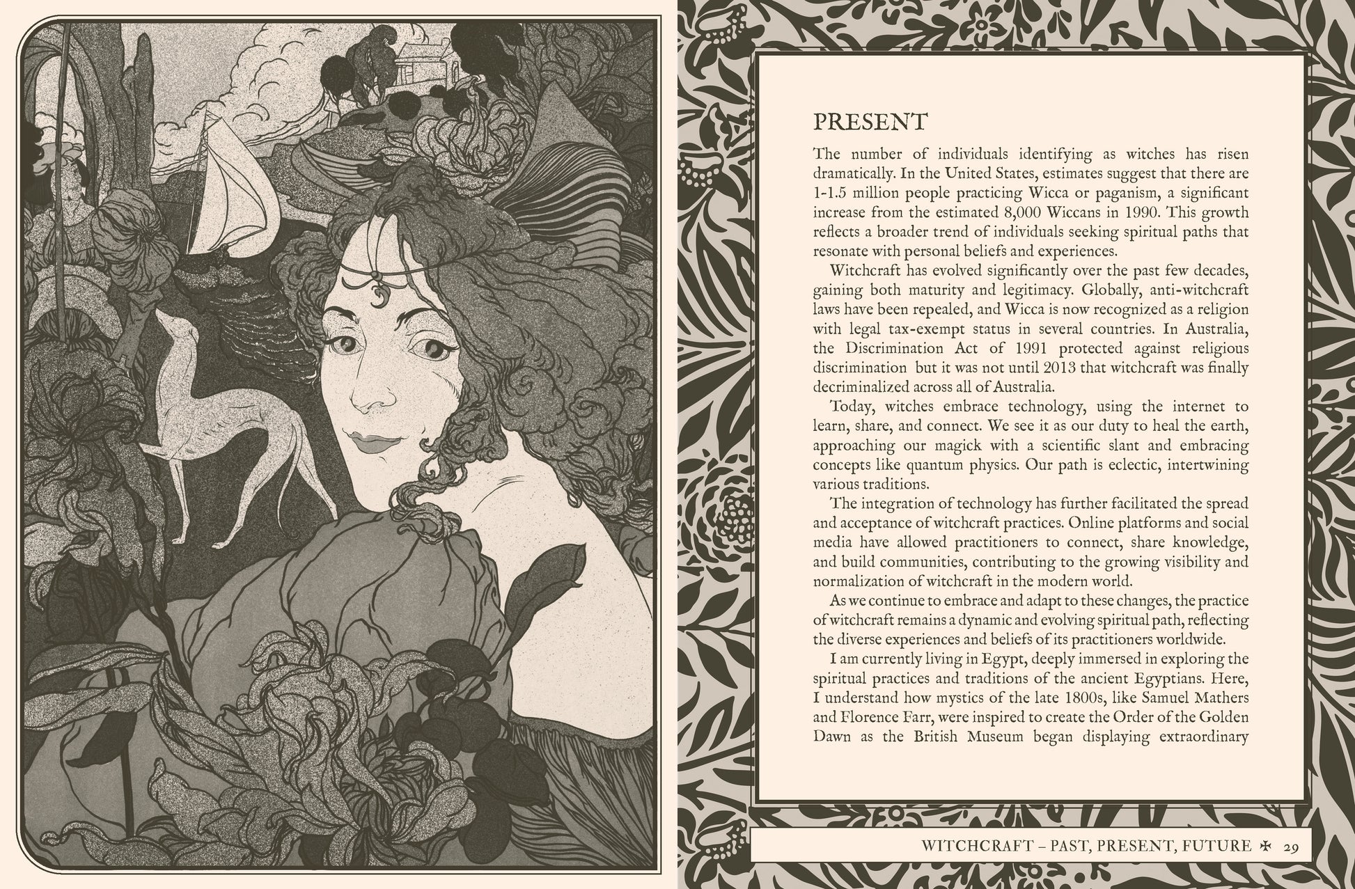Illustration of a woman with a hat and deer, surrounded by nature elements, with text on witchcraft.