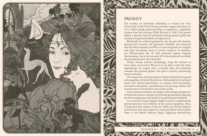 Illustration of a woman with a hat and deer, surrounded by nature elements, with text on witchcraft.
