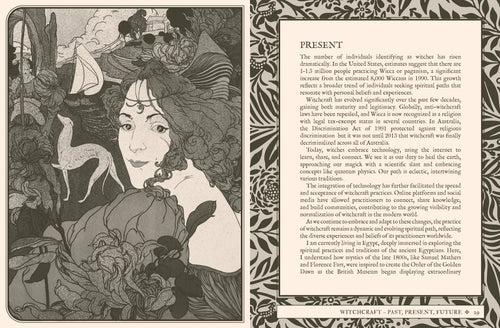 Illustration of a woman with a hat and deer, surrounded by nature elements, with text on witchcraft.