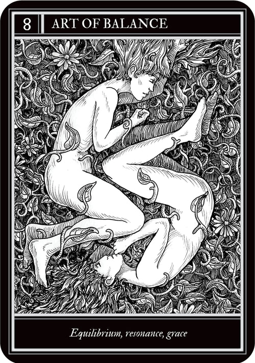 Black and white tarot card titled 'Art of Balance' with two people intertwined in a natural setting.